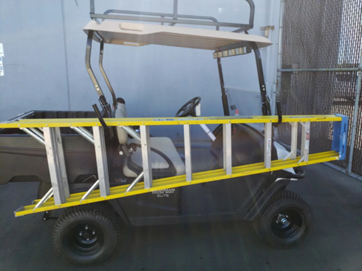 LAD-SWIV-BRKT SWIVEL SIDE-MOUNT LADDER RACK mounted on a golf cart holding a yellow ladder, designed for custom fabrication for golf carts to transport ladders securely.