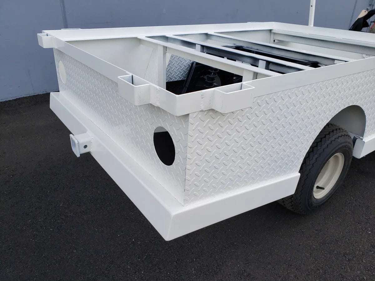 YAM-DRIVE-ST-FLAT-72 YAMAHA DRIVE CART STRETCH INTO STEEL 6′ FLATBED with custom fabrication for golf carts, featuring a durable steel flatbed and utility cargo design.