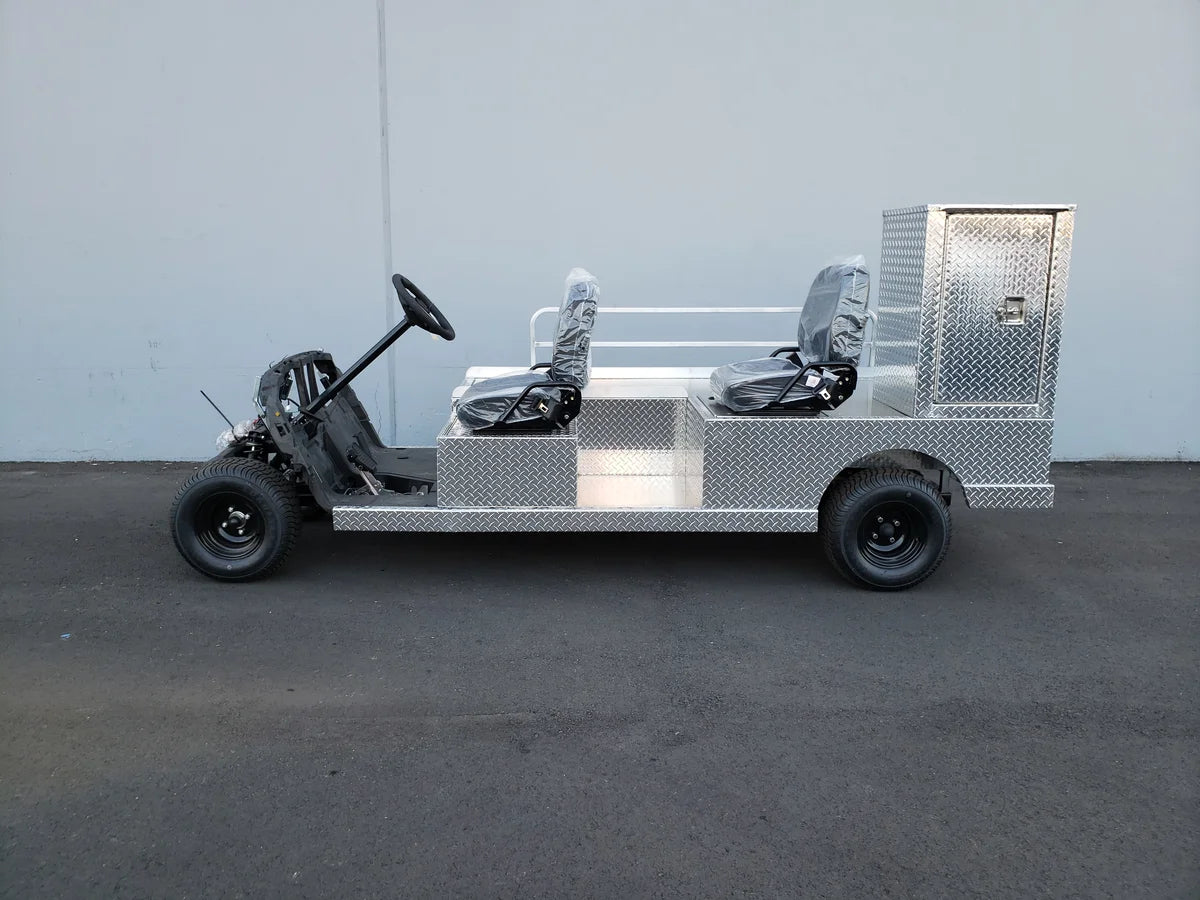 YAM-AMB-96X23 AMBULANCE CART CONVERSION FOR YAMAHA GOLF CART featuring custom fabrication, aluminum diamond plate construction, storage compartment, and seating for two.
