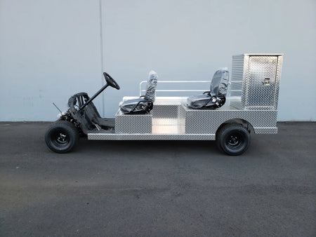 YAM-AMB-96X23 AMBULANCE CART CONVERSION FOR YAMAHA GOLF CART featuring custom fabrication, aluminum diamond plate construction, storage compartment, and seating for two.