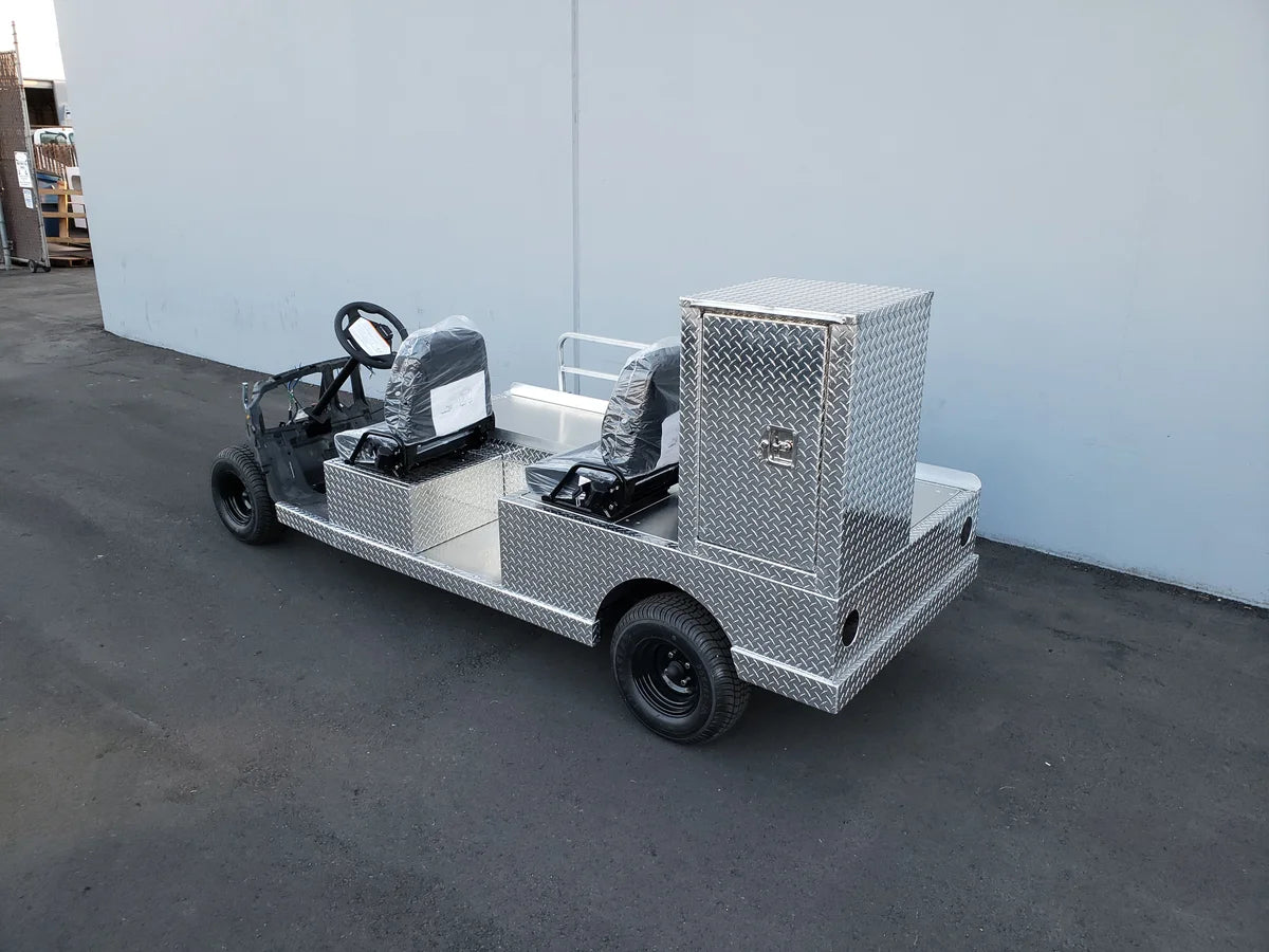 YAM-AMB-96X23 AMBULANCE CART CONVERSION FOR YAMAHA GOLF CART featuring custom fabrication with aluminum diamond plate, utility box, and seating for two passengers.