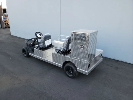 YAM-AMB-96X23 AMBULANCE CART CONVERSION FOR YAMAHA GOLF CART featuring custom fabrication with aluminum diamond plate, utility box, and seating for two passengers.