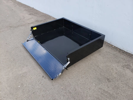EZGO-TXT14+-UTIL31 FOR EZ GO TXT 2014 AND NEWER HEAVY-DUTY INDUSTRIAL UTILITY BOX WITH TAILGATE in black steel with fold-down diamond plate tailgate, designed for custom fabrication on golf carts.