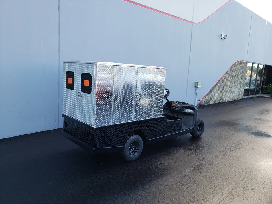 FMB-44X72X48-D-D2W2 FLATBED ALUMINUM DIAMOND PLATE MULTI-PURPOSE BOX 44″ WIDE X 72″ LONG X 48″ TALL WITH LOCKING DOORS mounted on a utility golf cart, custom fabrication for golf carts.