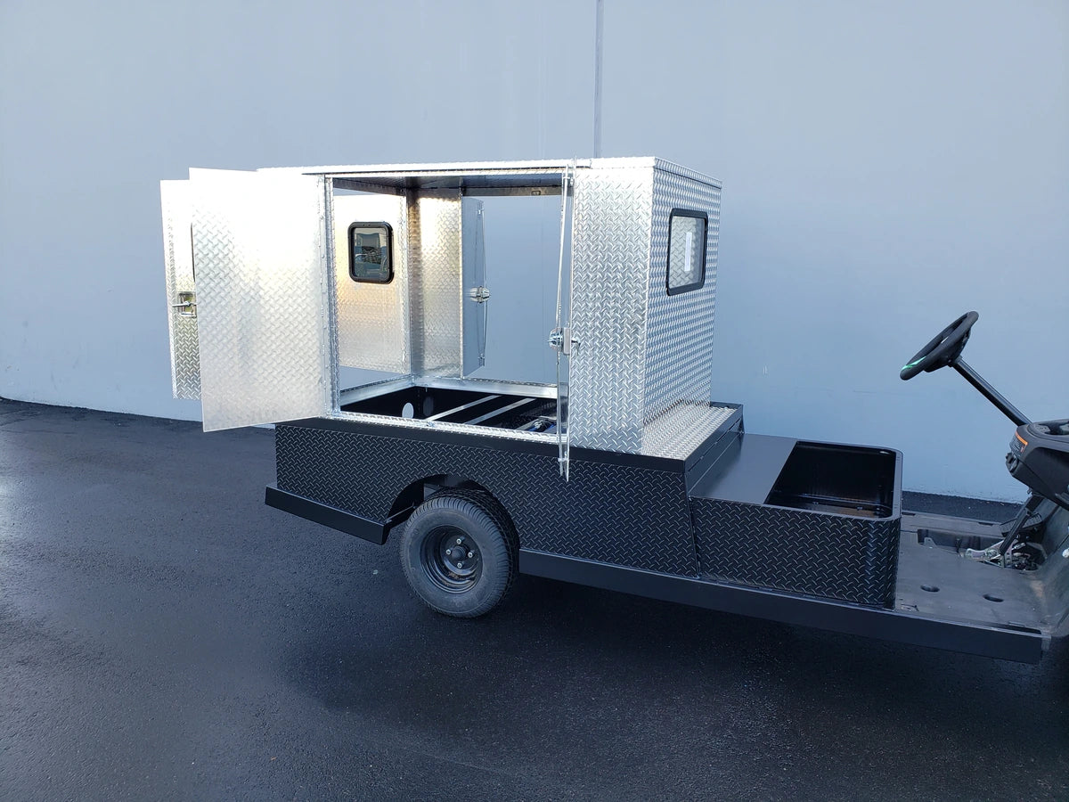 FMB-44X72X48-D-D2W2 FLATBED ALUMINUM DIAMOND PLATE MULTI-PURPOSE BOX 44″ WIDE X 72″ LONG X 48″ TALL WITH LOCKING DOORS mounted on a utility golf cart, custom fabrication for golf carts.