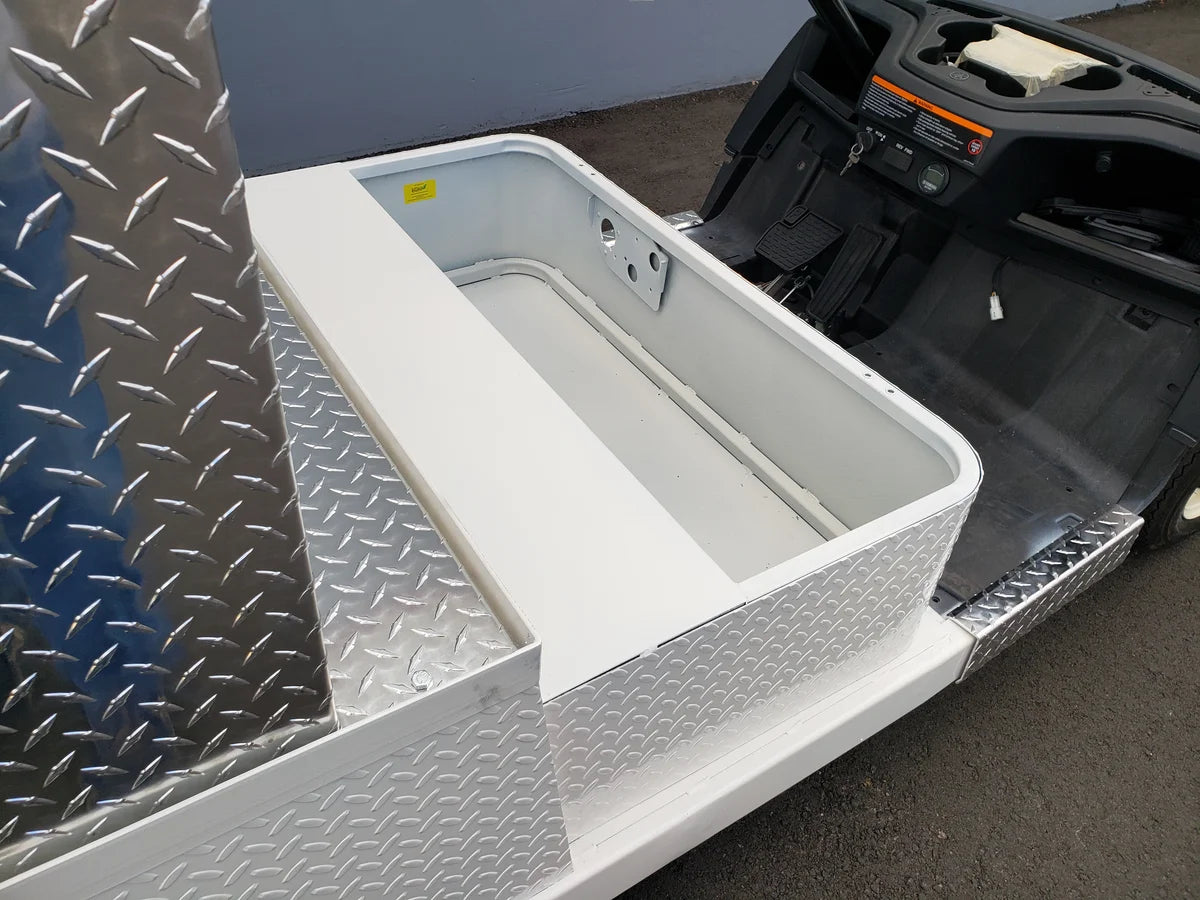 Custom fabrication for golf carts featuring FMB-44X72X48-S-D3W0 FLATBED ALUMINUM SMOOTH MULTI-PURPOSE BOX 44″ WIDE X 72″ LONG X 48″ TALL WITH LOCKING DOORS in a durable aluminum cargo utility box design.