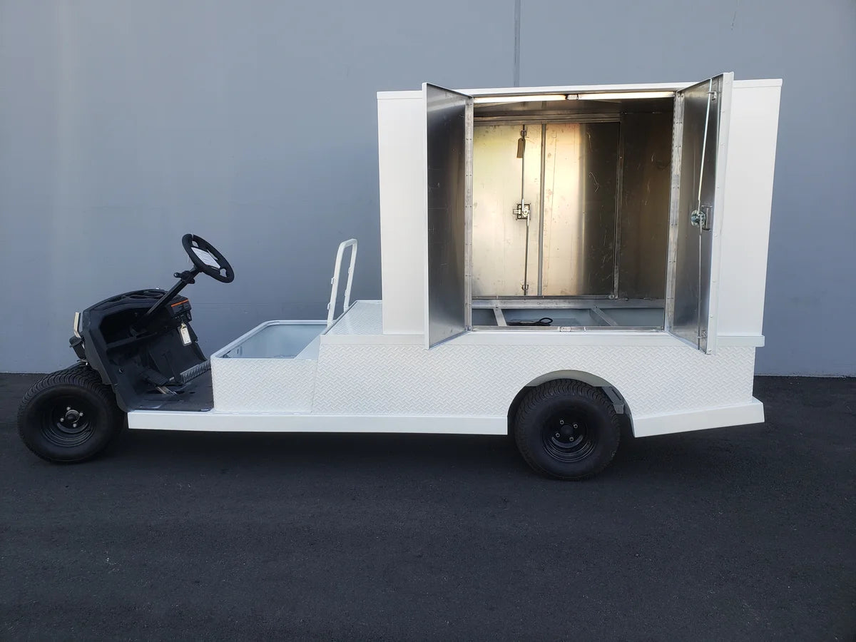 FMB-44X72X48-S-D2W0 FLATBED ALUMINUM SMOOTH MULTI-PURPOSE BOX mounted on a utility golf cart, featuring custom fabrication for golf carts with spacious cargo storage and flatbed design.