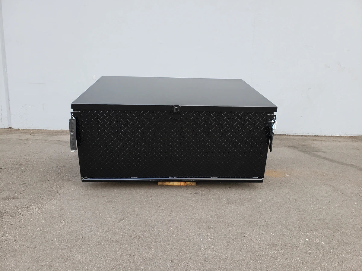 CC-VILL-CARGO31 LOCKING CARGO BOX FOR CLUB CAR VILLAGER black metal utility cargo box with diamond plate pattern, custom fabrication for golf carts, designed for secure storage.