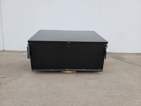 CC-VILL-CARGO31 LOCKING CARGO BOX FOR CLUB CAR VILLAGER black metal utility cargo box with diamond plate pattern, custom fabrication for golf carts, designed for secure storage.