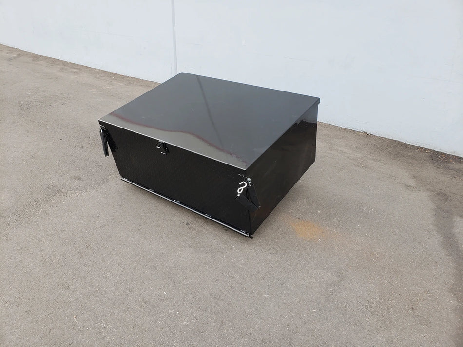 CC-VILL-CARGO31 LOCKING CARGO BOX FOR CLUB CAR VILLAGER in black metal with secure locking mechanism, designed for custom fabrication and heavy-duty cargo storage on golf carts.