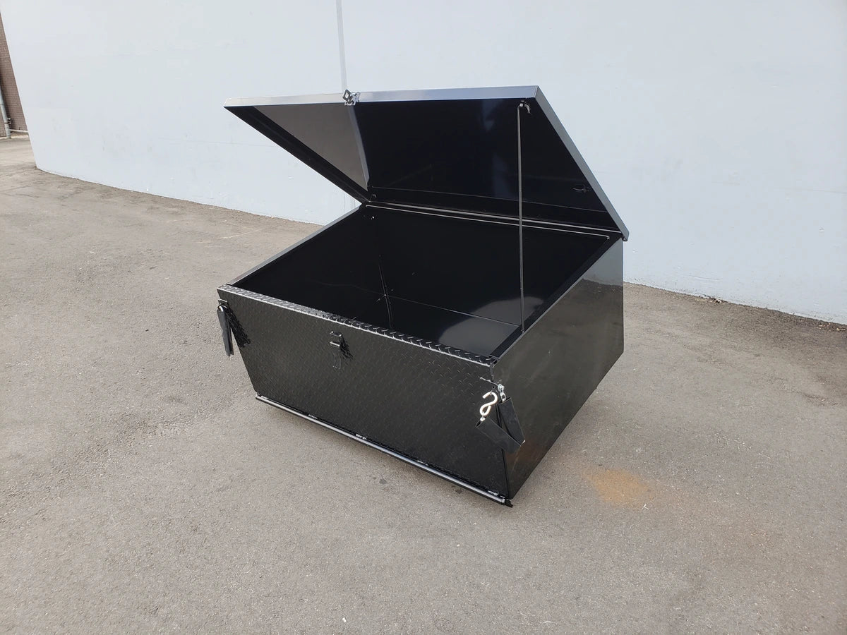 CC-VILL-CARGO31 LOCKING CARGO BOX FOR CLUB CAR VILLAGER in black with an open lid, designed as a custom fabrication cargo utility box for golf carts.