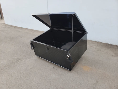 CC-VILL-CARGO31 LOCKING CARGO BOX FOR CLUB CAR VILLAGER in black with an open lid, designed as a custom fabrication cargo utility box for golf carts.