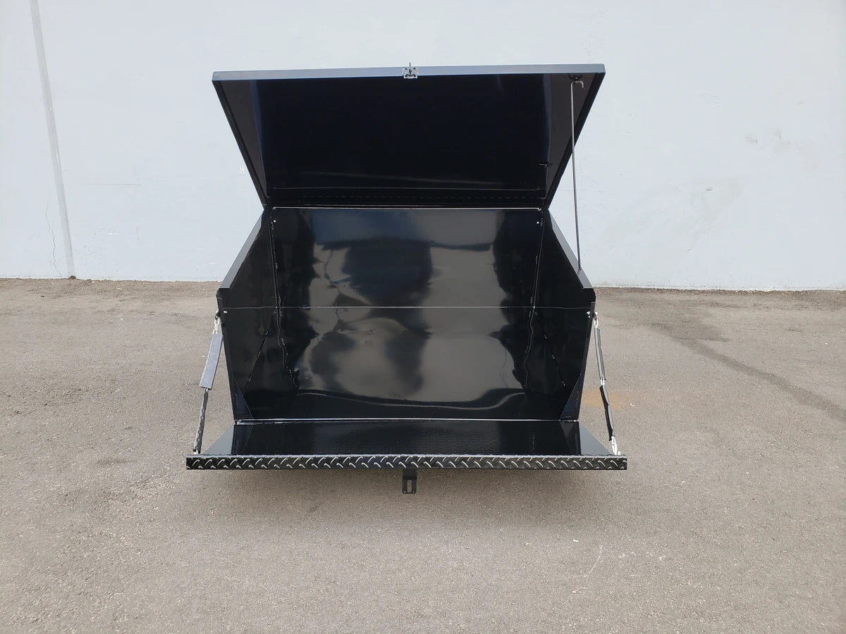 CC-VILL-CARGO31 LOCKING CARGO BOX FOR CLUB CAR VILLAGER custom fabrication for golf carts, sturdy black metal utility box designed for secure storage of cargo and accessories.