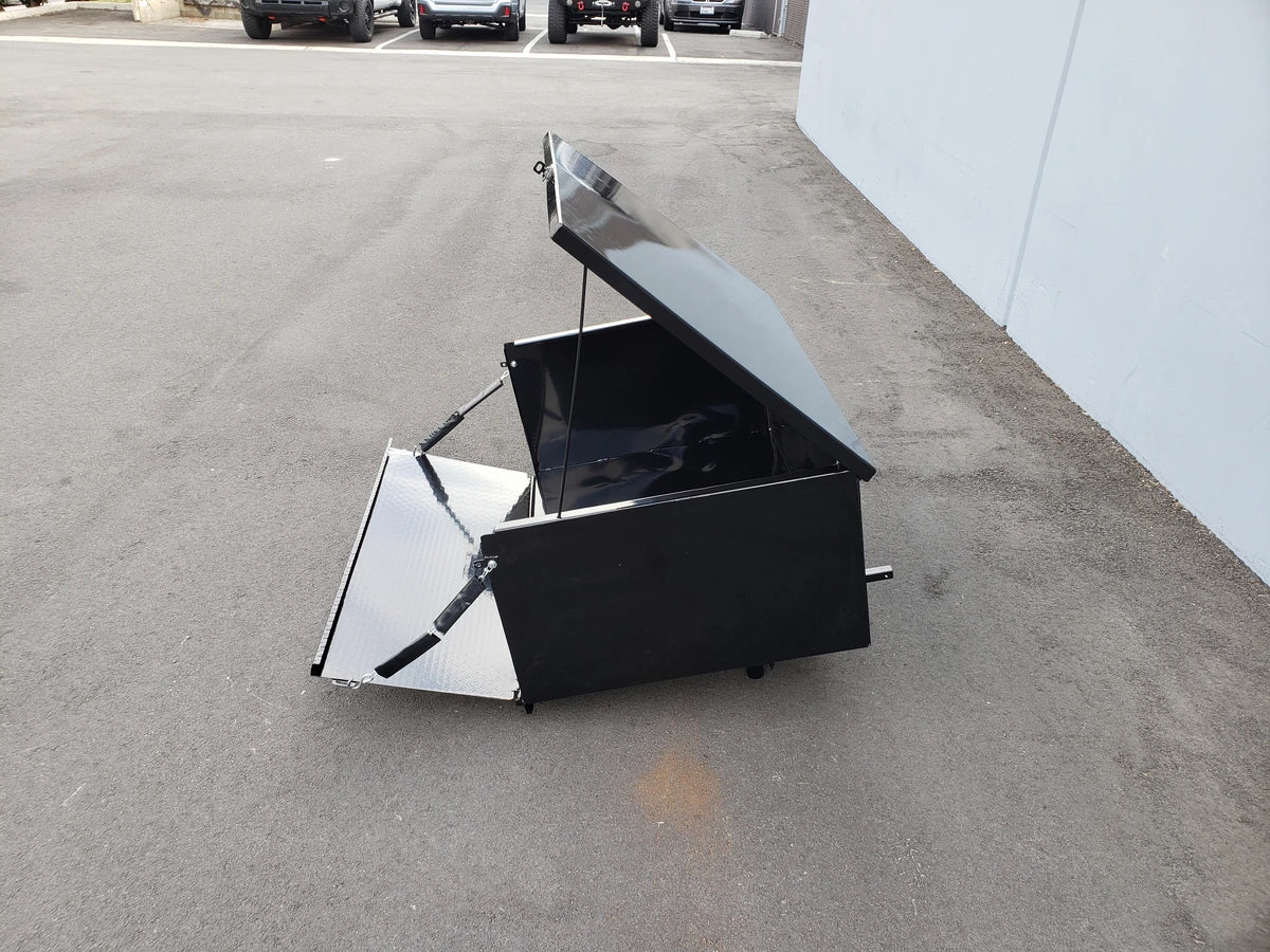CC-VILL-CARGO31 LOCKING CARGO BOX FOR CLUB CAR VILLAGER open showing spacious black utility storage with hinged lid and lift supports, custom fabrication for golf carts.