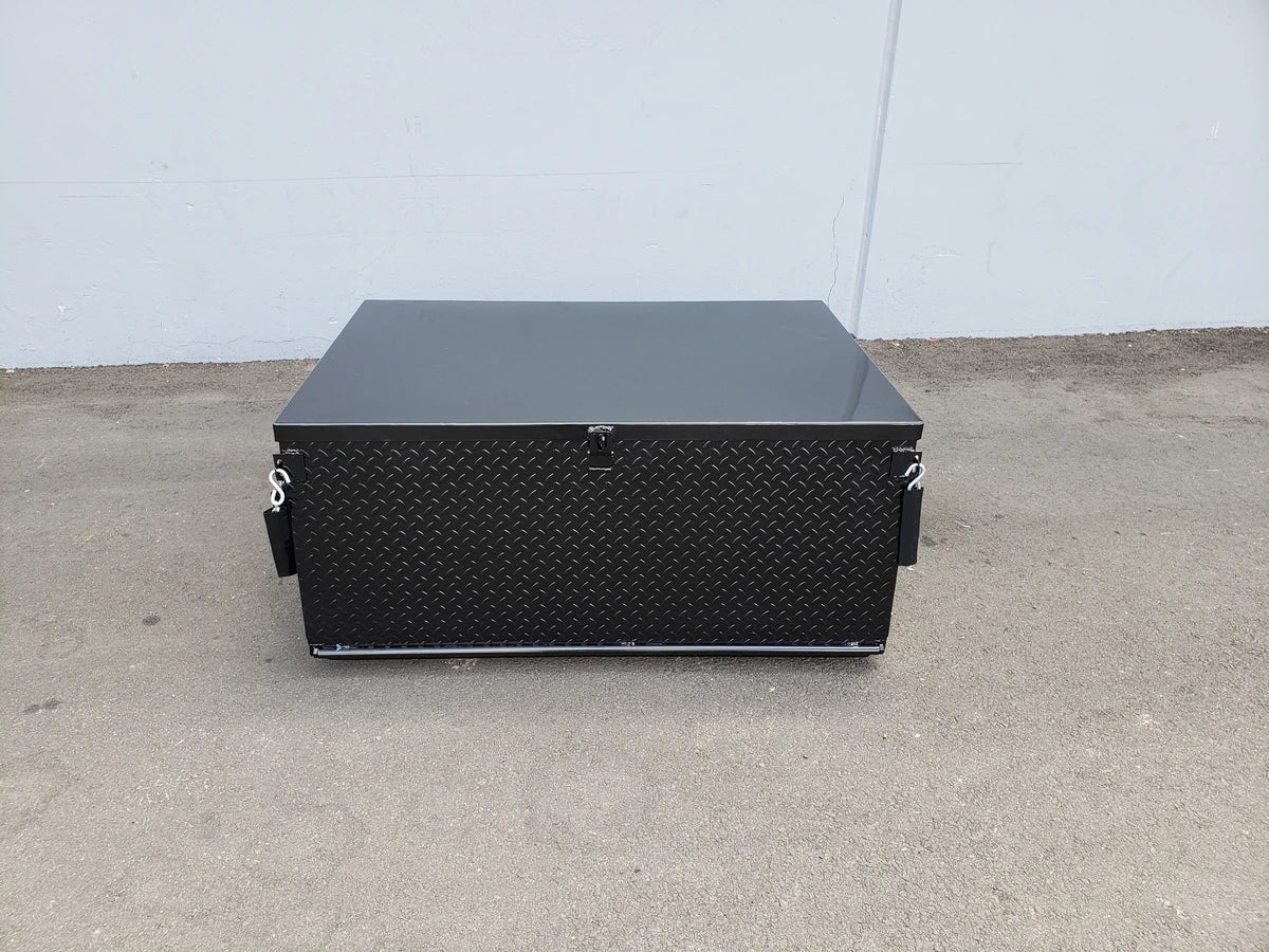 CUSH-HP-CARGO31 CUSHMAN HAULER PRO HEAVY-DUTY LOCKING CARGO BOX in black diamond plate steel, designed as a custom fabrication for golf carts providing secure utility storage.