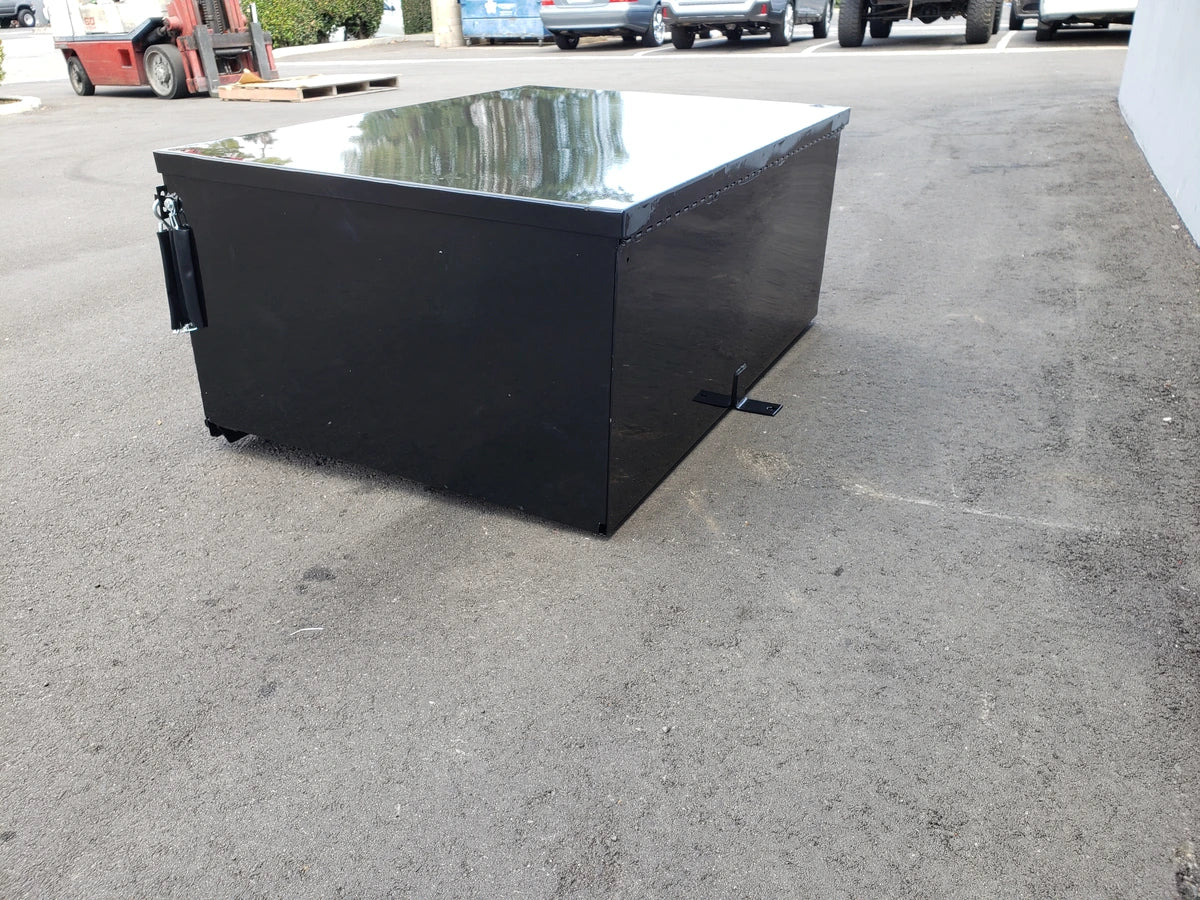 Black metal utility box with locking mechanism designed for custom fabrication for golf carts, identified as CUSH-HP-CARGO31 CUSHMAN HAULER PRO HEAVY-DUTY LOCKING CARGO BOX.