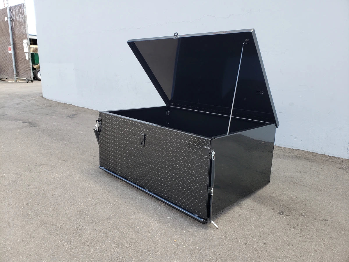 CUSH-HP-CARGO31 CUSHMAN HAULER PRO HEAVY-DUTY LOCKING CARGO BOX with diamond plate texture and hinged lid open, custom fabricated for golf carts.