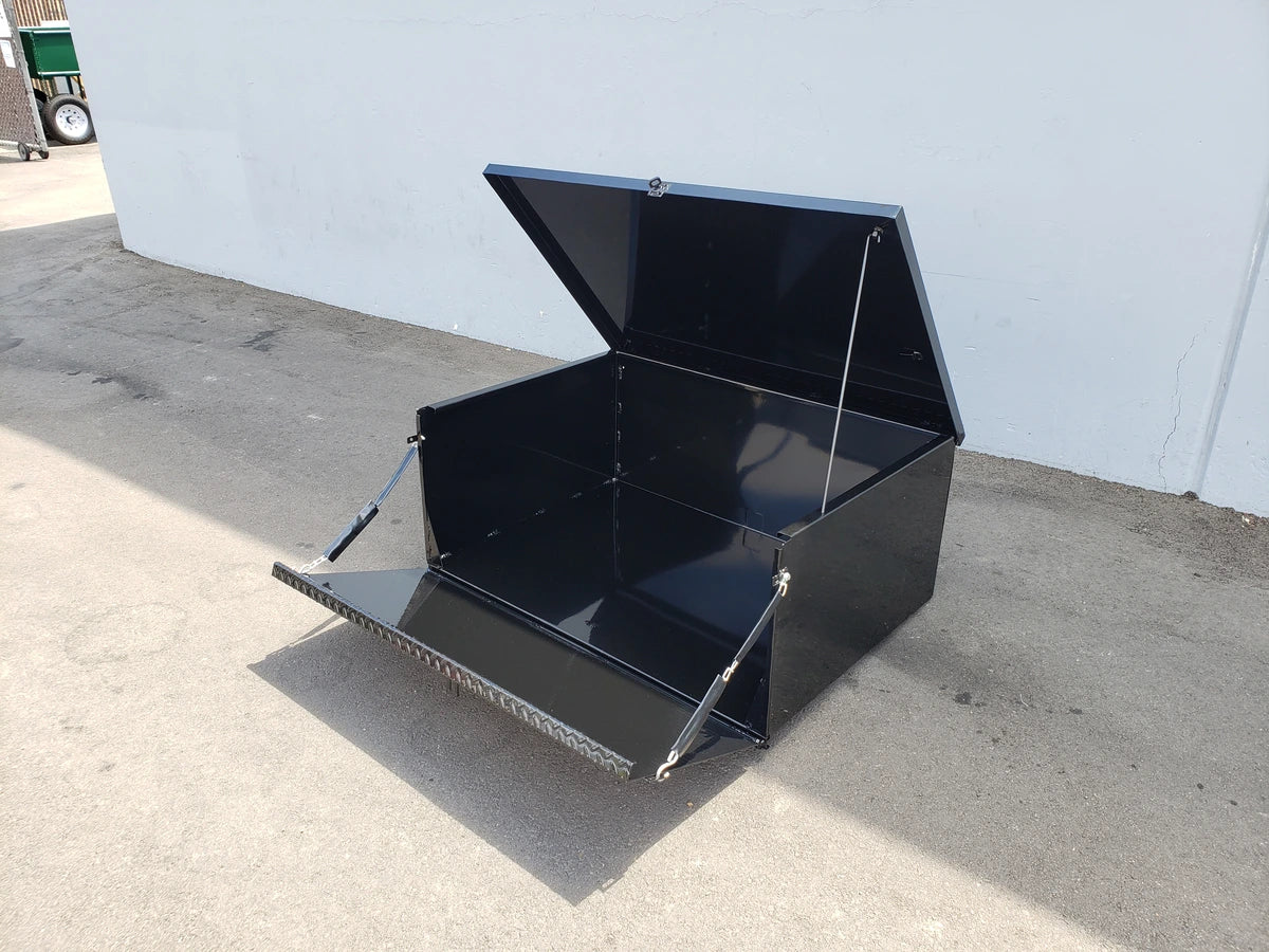 Black heavy-duty cargo box with locking lid and fold-down front panel, designed as custom fabrication for golf carts, CUSH-HP-CARGO31 CUSHMAN HAULER PRO HEAVY-DUTY LOCKING CARGO BOX
