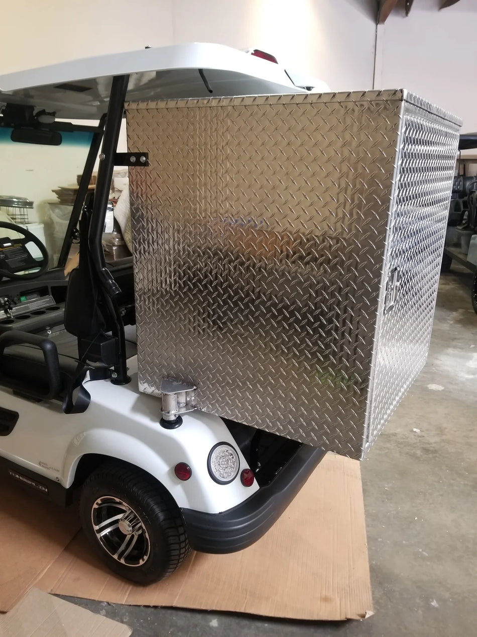 TOM-35X32X37-RB Tomberlin Emerge Rear Box mounted on a golf cart with diamond plate aluminum construction, designed for custom fabrication and utility cargo storage.
