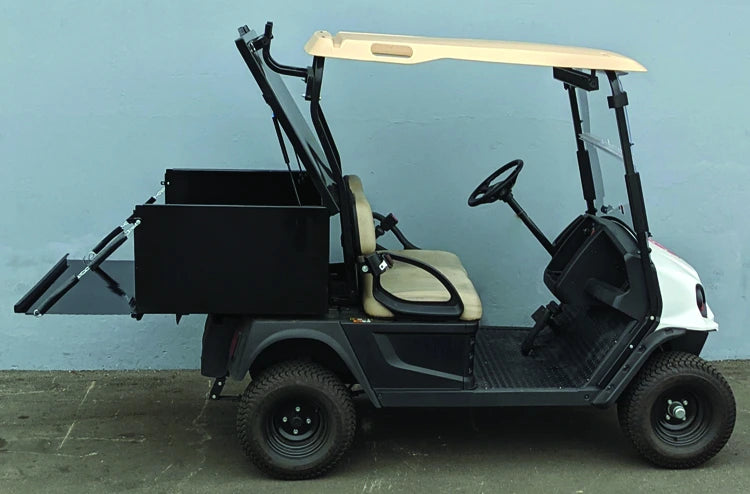 CUSH-800-CARGO31-GS HEAVY DUTY LOCKING CARGO BOX FOR CUSHMAN 800 SERIES installed on a golf cart, showing custom fabrication with a spacious, secure utility cargo box designed for transporting gear.
