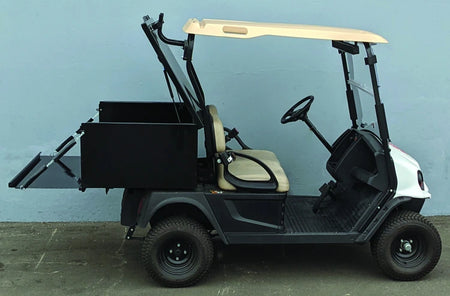 CUSH-800-CARGO31-GS HEAVY DUTY LOCKING CARGO BOX FOR CUSHMAN 800 SERIES installed on a golf cart, showing custom fabrication with a spacious, secure utility cargo box designed for transporting gear.