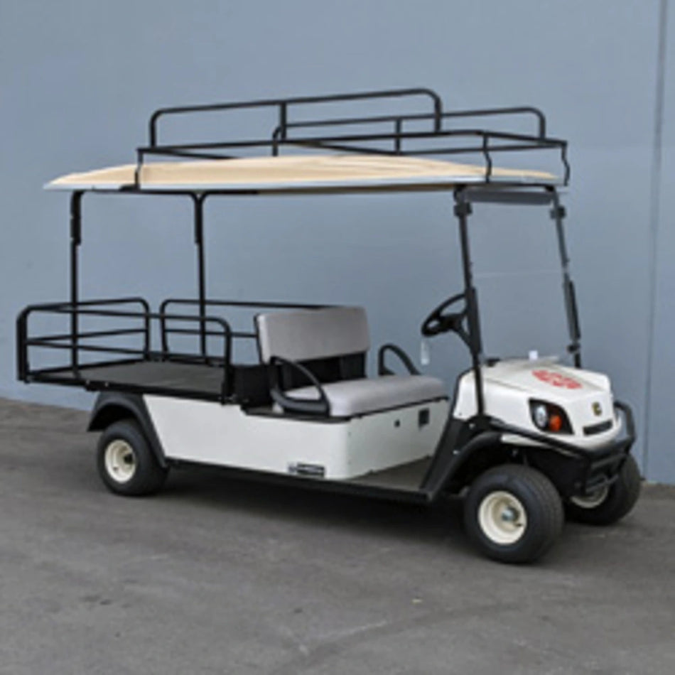 White golf cart equipped with custom fabrication featuring the CUSH-SHUTTLE2-84LR CUSHMAN SHUTTLE 2 LADDER RACK and utility rails for cargo and ladder transport.