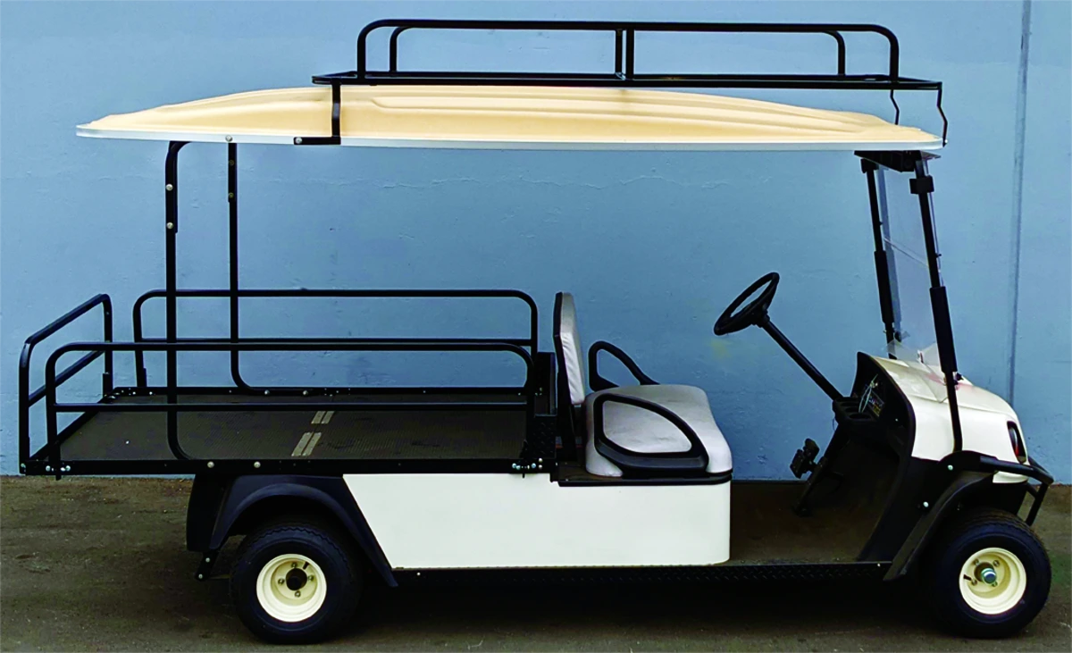 CUSH-SHUTTLE2-84LR CUSHMAN SHUTTLE 2 LADDER RACK custom fabricated for golf carts, featuring a sturdy black ladder rack designed for carrying equipment on a white golf cart with beige canopy.