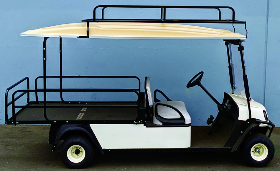 CUSH-SHUTTLE2-84LR CUSHMAN SHUTTLE 2 LADDER RACK custom fabricated for golf carts, featuring a sturdy black ladder rack designed for carrying equipment on a white golf cart with beige canopy.