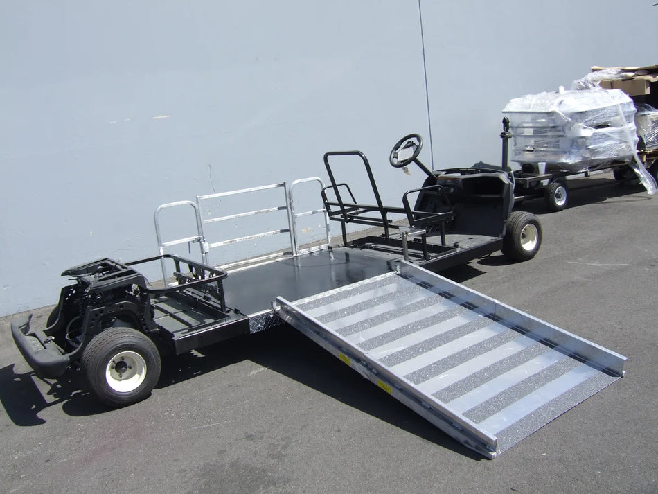 YAM-WHEELCHAIR-TRANSPORT GOLF CART CONVERSIONS FOR WHEELCHAIR PASSENGER featuring custom fabrication with a wide ramp and flatbed for wheelchair transport and utility use.