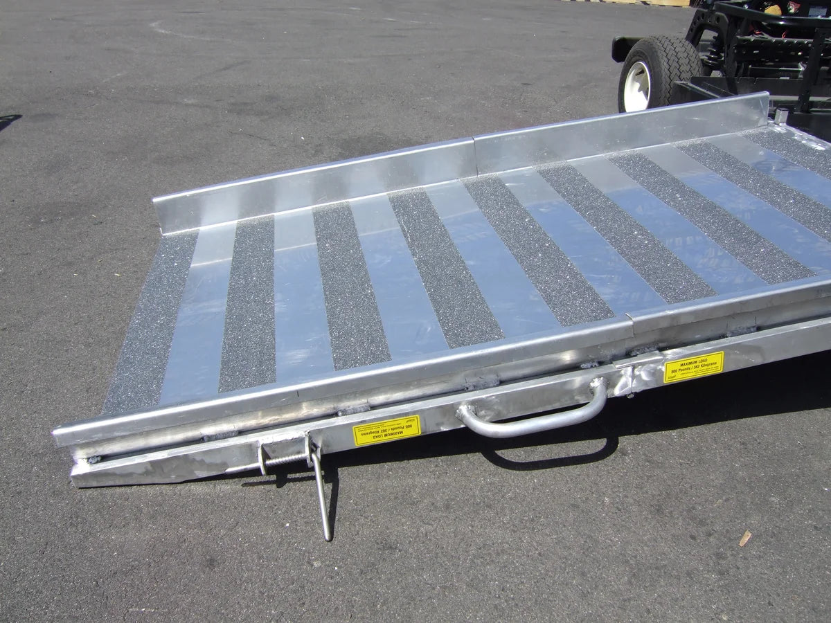 Custom fabricated aluminum ramp with anti-slip strips for easy access, designed for YAM-WHEELCHAIR-TRANSPORT GOLF CART CONVERSIONS FOR WHEELCHAIR PASSENGER.