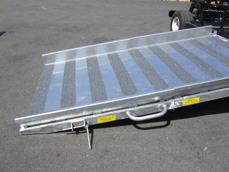 Custom fabricated aluminum ramp with anti-slip strips for easy access, designed for YAM-WHEELCHAIR-TRANSPORT GOLF CART CONVERSIONS FOR WHEELCHAIR PASSENGER.