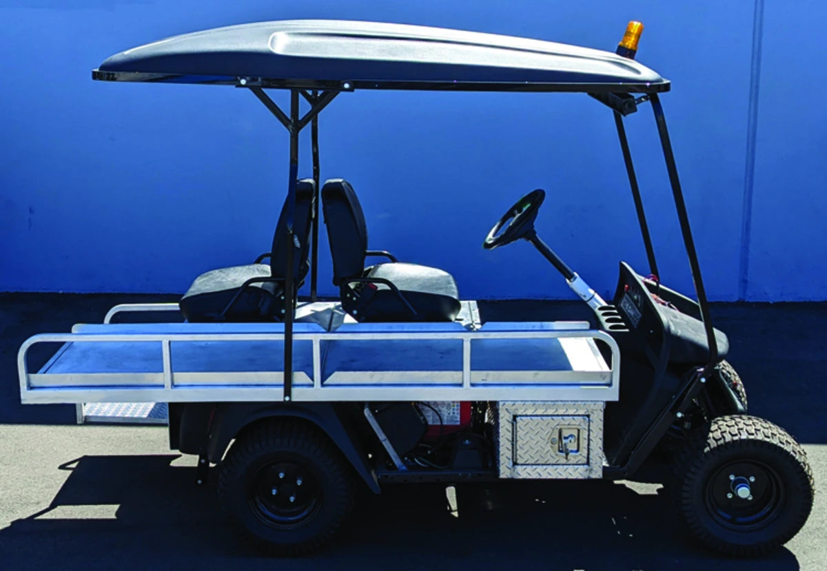 EZGO-EMT-84X24 EMT GOLF CART BED CONVERSION FOR EZ GO TXT GOLF CART showing a custom fabrication flatbed conversion on a golf cart designed for cargo and utility transport.