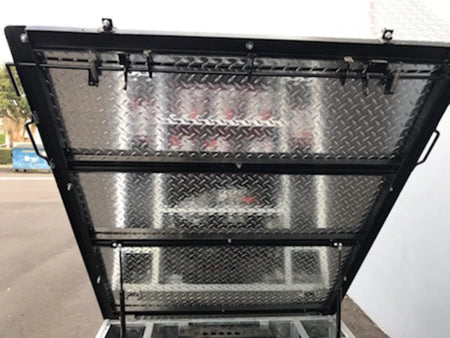 TBA-48X46X19 ALUMINUM TILT BED FOR GOLF CART featuring a durable diamond plate aluminum surface with black framing, designed for custom fabrication and utility cargo use on golf carts.