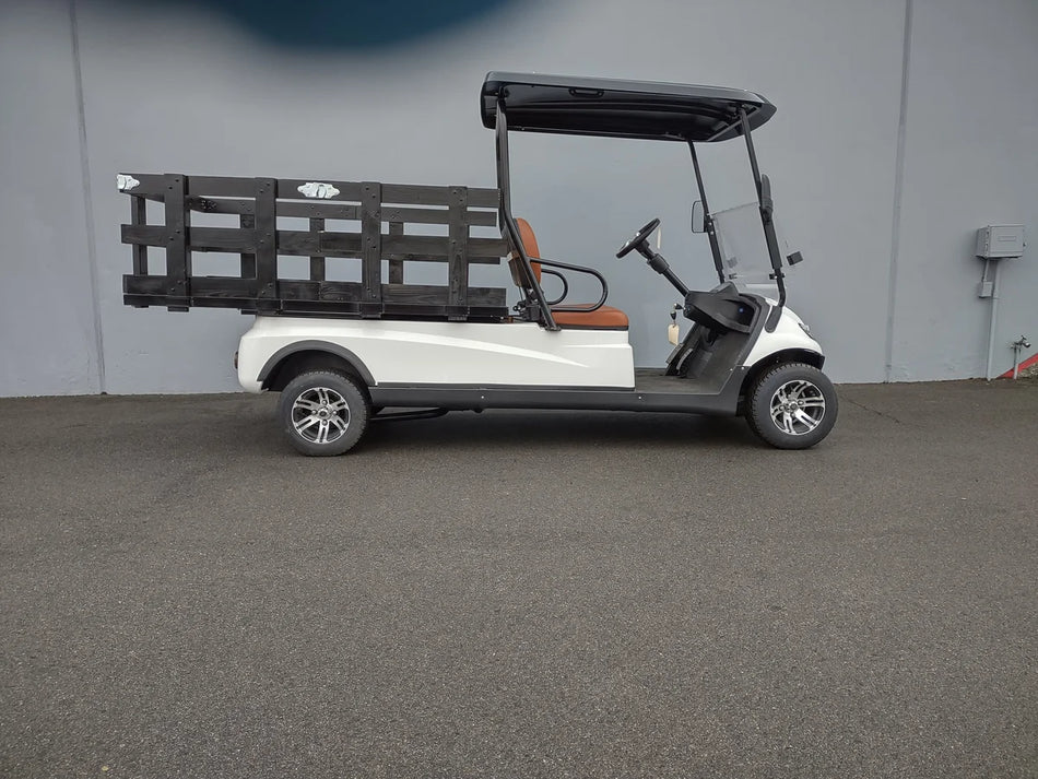 Golf cart equipped with STAKE-SIDES-44X72X24 Flatbed Golf Cart Stake Sides in black, showcasing custom fabrication designed for utility cargo and flatbed specialty golf cart beds.