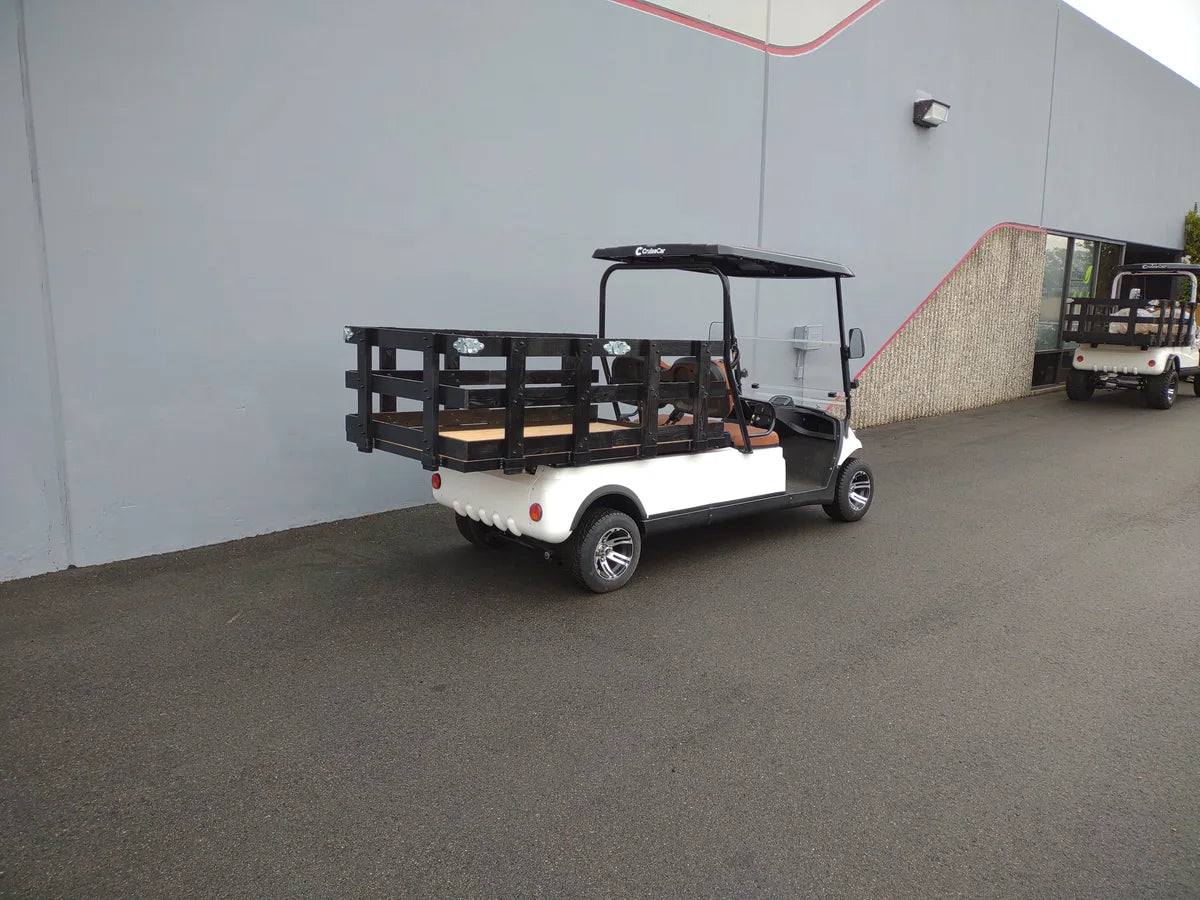 White golf cart equipped with STAKE-SIDES-44X72X24 Flatbed Golf Cart Stake Sides, designed with custom fabrication for versatile cargo and utility transport.