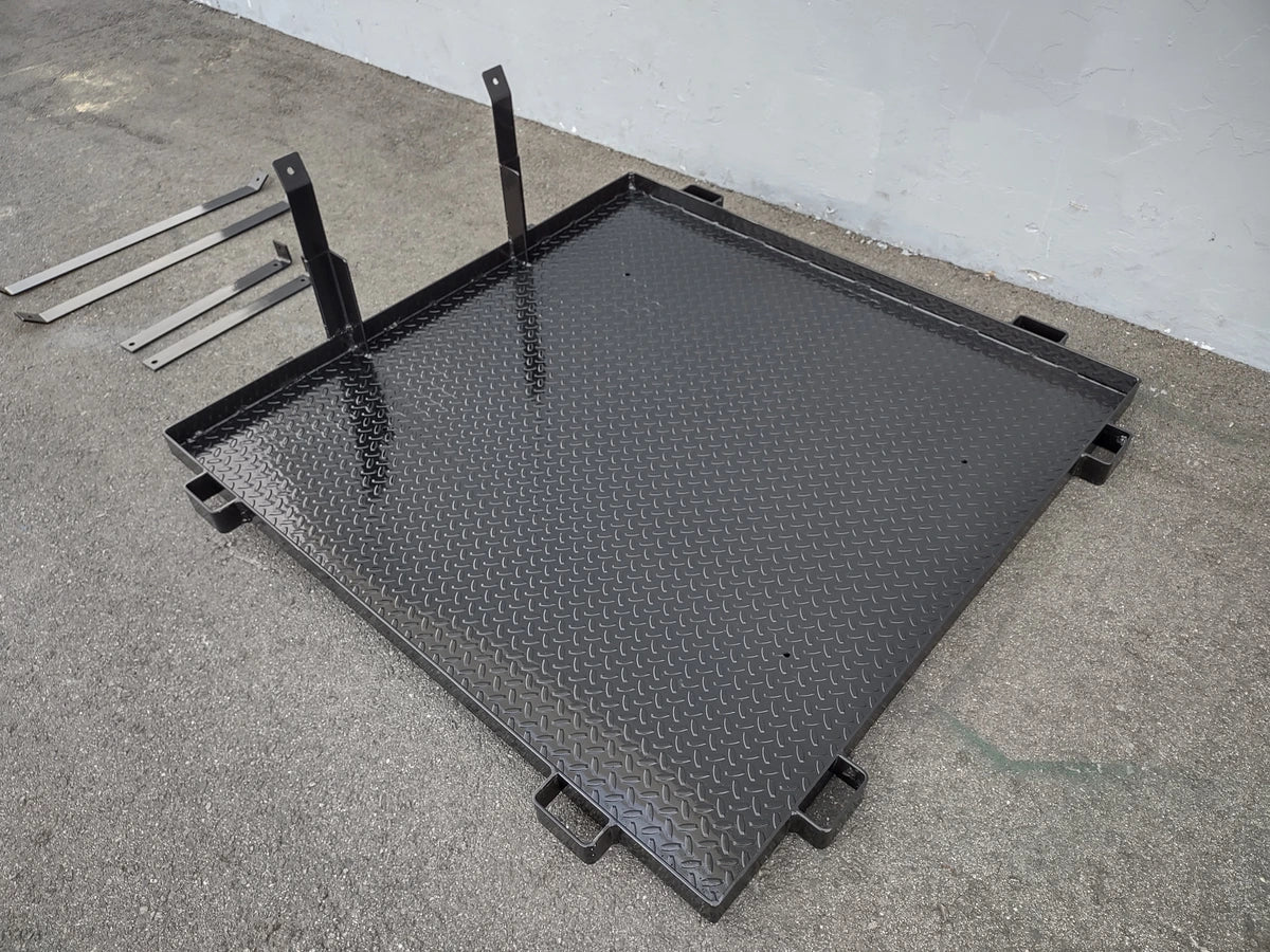 CC-PREC-DECK48X48 SMALL FLATBED DECK in black diamond plate steel with mounting brackets, designed with custom fabrication for golf carts to enhance cargo and utility transport.