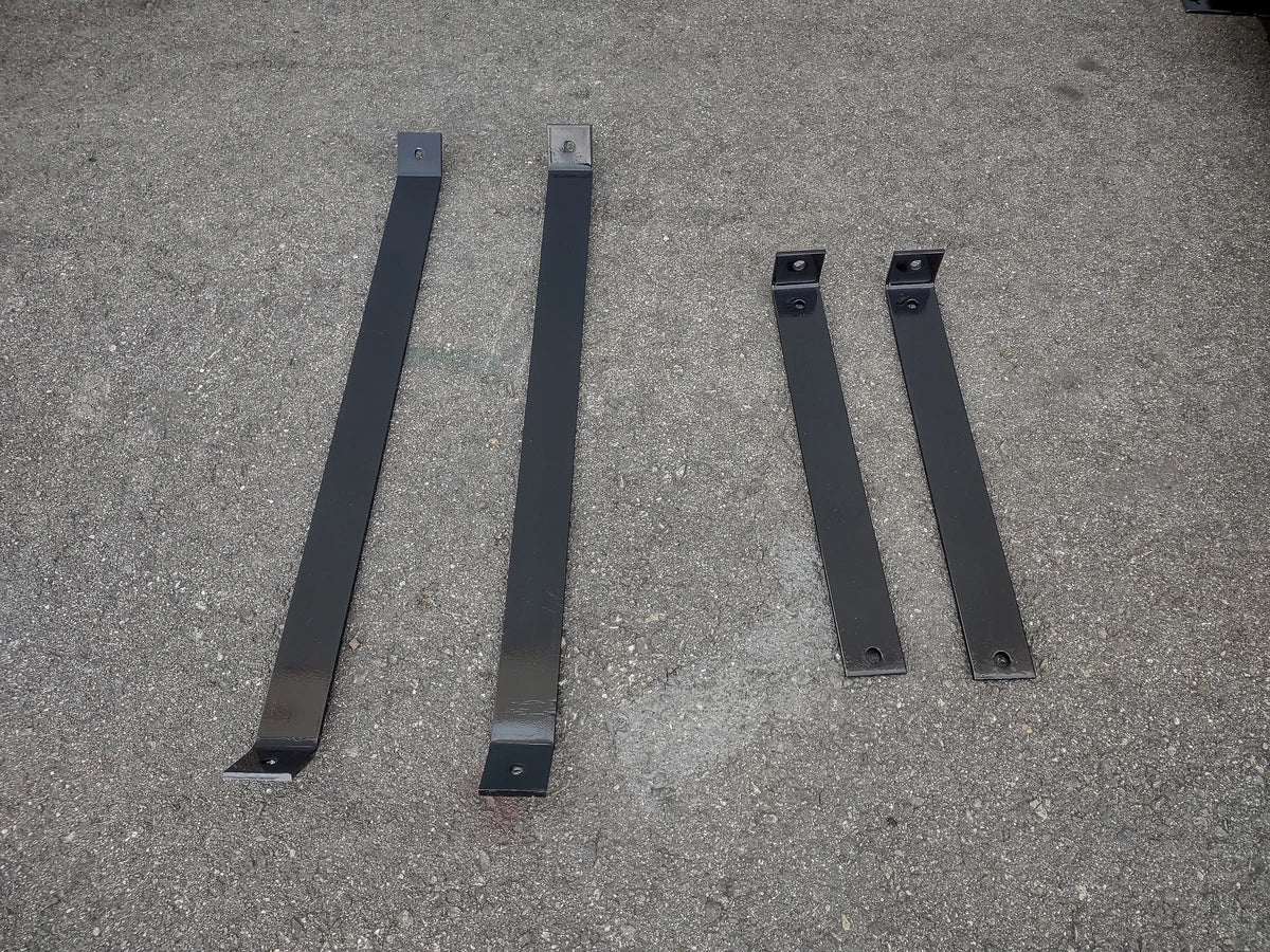 Metal mounting brackets for CC-PREC-DECK48X48 SMALL FLATBED DECK, designed as custom fabrication components for golf carts, shown on a concrete surface.