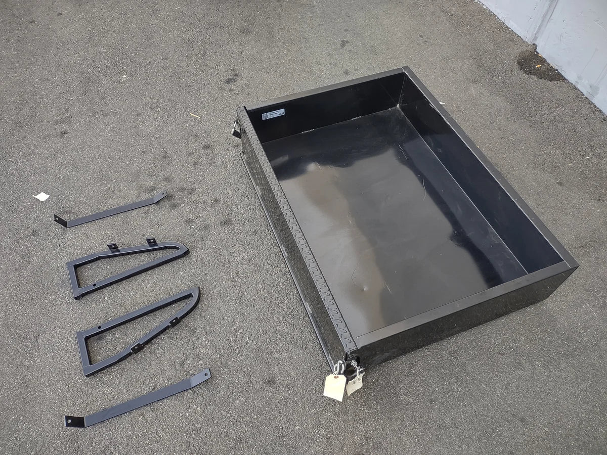 YAM-DRIVE2-UTIL31 YAMAHA DRIVE 2 UTILITY BOX WITH TAILGATE shown with mounting brackets, custom fabrication for golf carts, designed for cargo and utility use.
