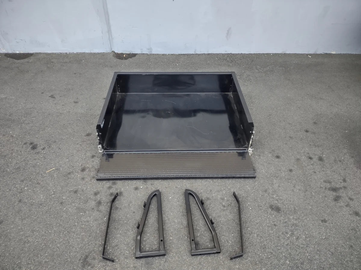 YAM-DRIVE2-UTIL31 YAMAHA DRIVE 2 UTILITY BOX WITH TAILGATE in black metal, shown with separate mounting brackets, custom fabrication for golf carts for secure cargo and utility use.