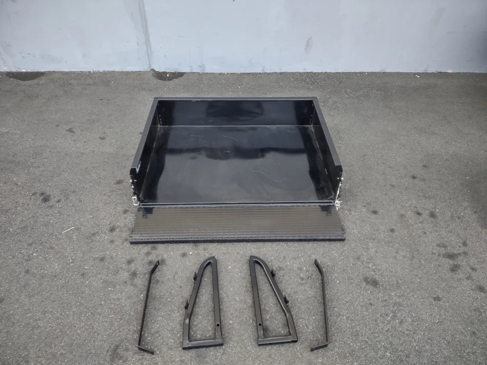 YAM-DRIVE2-UTIL31 YAMAHA DRIVE 2 UTILITY BOX WITH TAILGATE in black metal, shown with separate mounting brackets, custom fabrication for golf carts for secure cargo and utility use.