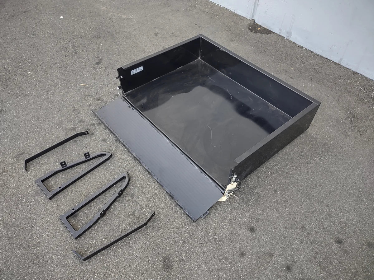 YAM-DRIVE2-UTIL31 YAMAHA DRIVE 2 UTILITY BOX WITH TAILGATE shown with separate mounting brackets, designed as custom fabrication for golf carts to carry cargo and tools.