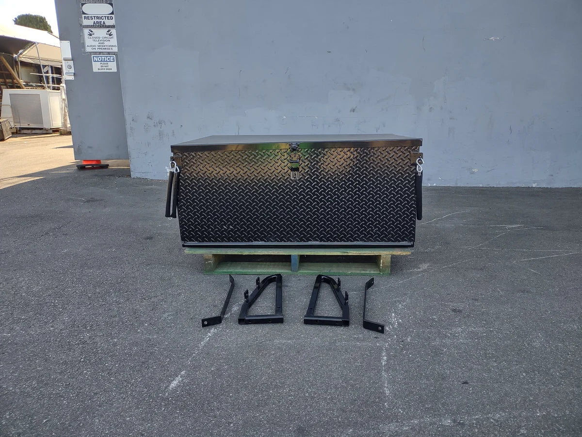 YAM-DRIVE2-CARGO31 YAMAHA DRIVE 2 LOCKING CARGO BOX in black diamond plate with mounting brackets, custom fabrication for golf carts, designed for secure cargo and utility storage.
