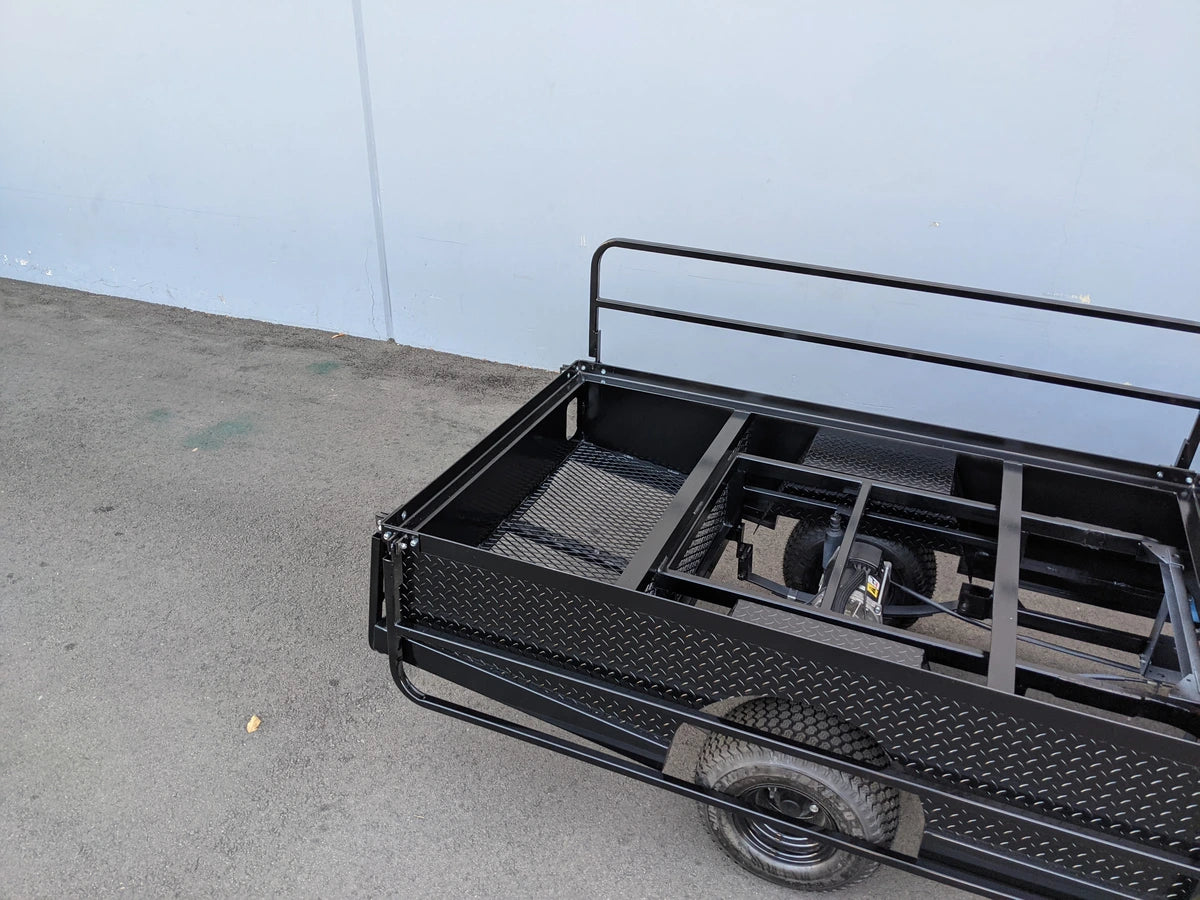 CUSH-800-ST-FLAT-72 CUSHMAN HAULER 800 CART STRETCHED INTO 6′ FLATBED featuring custom fabrication for golf carts, a durable flatbed cargo area, and a strong metal frame for utility use.