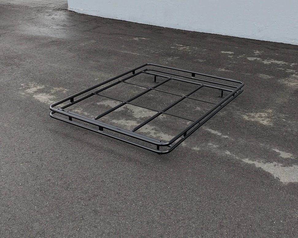 EZGO-RXV-54RR3 ROOF RACK FOR EZGO RXV black metal flat cargo rack designed for custom fabrication on golf carts, ideal for carrying utility boxes and specialty golf cart beds.