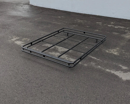 EZGO-RXV-54RR3 ROOF RACK FOR EZGO RXV black metal flat cargo rack designed for custom fabrication on golf carts, ideal for carrying utility boxes and specialty golf cart beds.