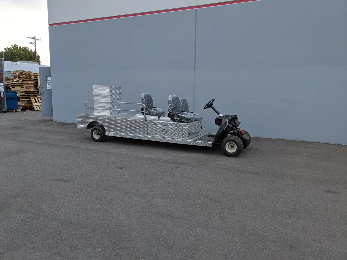 YAM-AMB-3SEAT-96X23 Ambulance Conversion for Yamaha Drive and Drive 2 Golf Cart featuring custom fabrication with extended flatbed and seating for three.