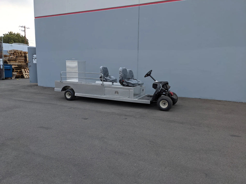 YAM-AMB-3SEAT-96X23 Ambulance Conversion for Yamaha Drive and Drive 2 Golf Cart featuring custom fabrication with extended flatbed and seating for three.