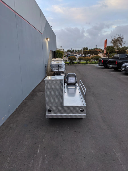 YAM-AMB-3SEAT-96X23 Ambulance Conversion for Yamaha Drive and Drive 2 Golf Cart featuring custom fabrication with a metal diamond plate surface and specialized seating for emergency transport use.