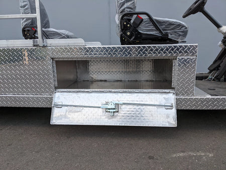 Close-up view of a metal storage compartment with latch on YAM-AMB-3SEAT-96X23 Ambulance Conversion for Yamaha Drive and Drive 2 Golf Cart, showcasing custom fabrication for golf carts.