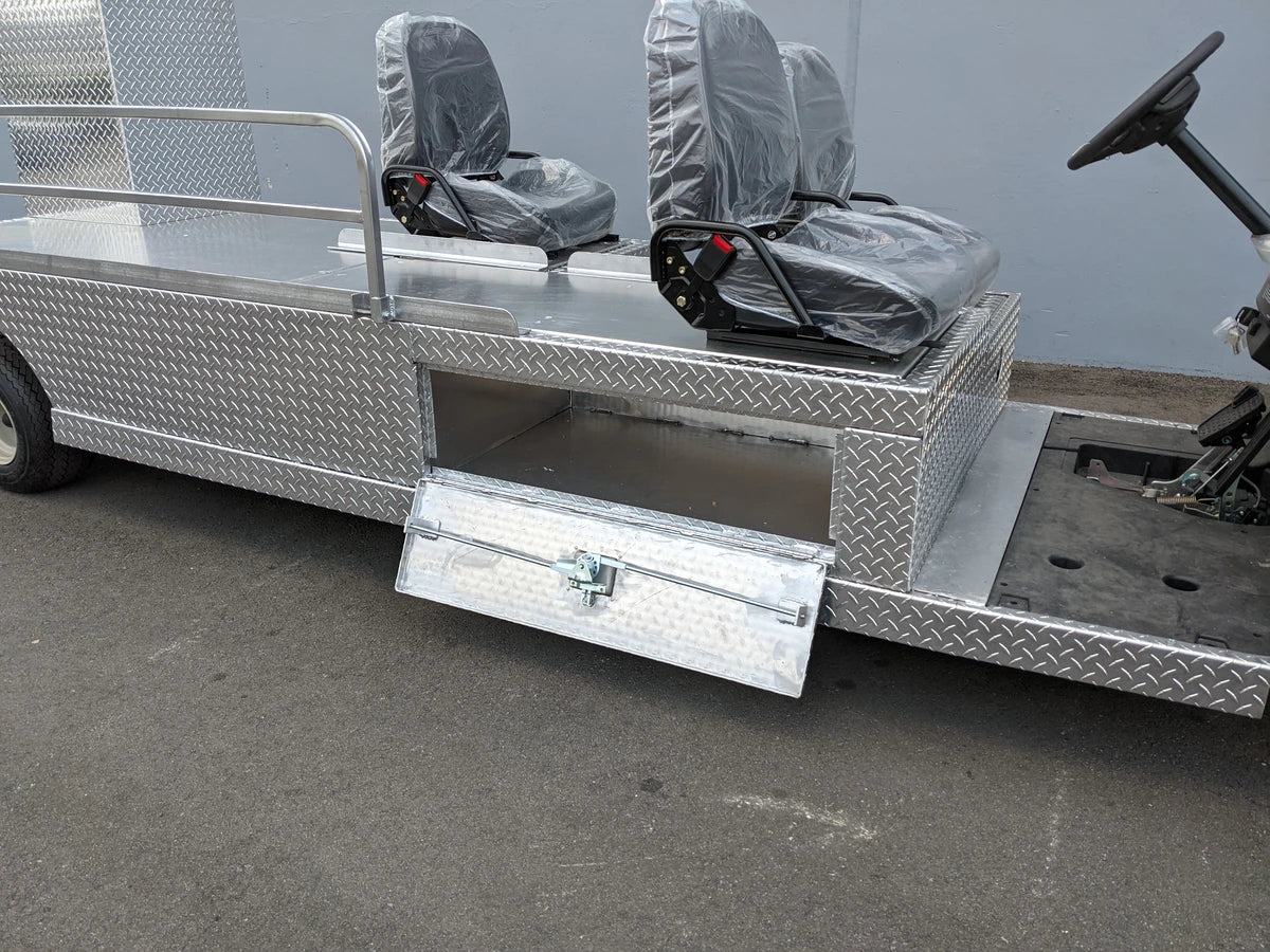 YAM-AMB-3SEAT-96X23 Ambulance Conversion for Yamaha Drive and Drive 2 Golf Cart featuring diamond plate aluminum construction, two covered seats, and a lockable side utility box, custom fabrication for golf carts.